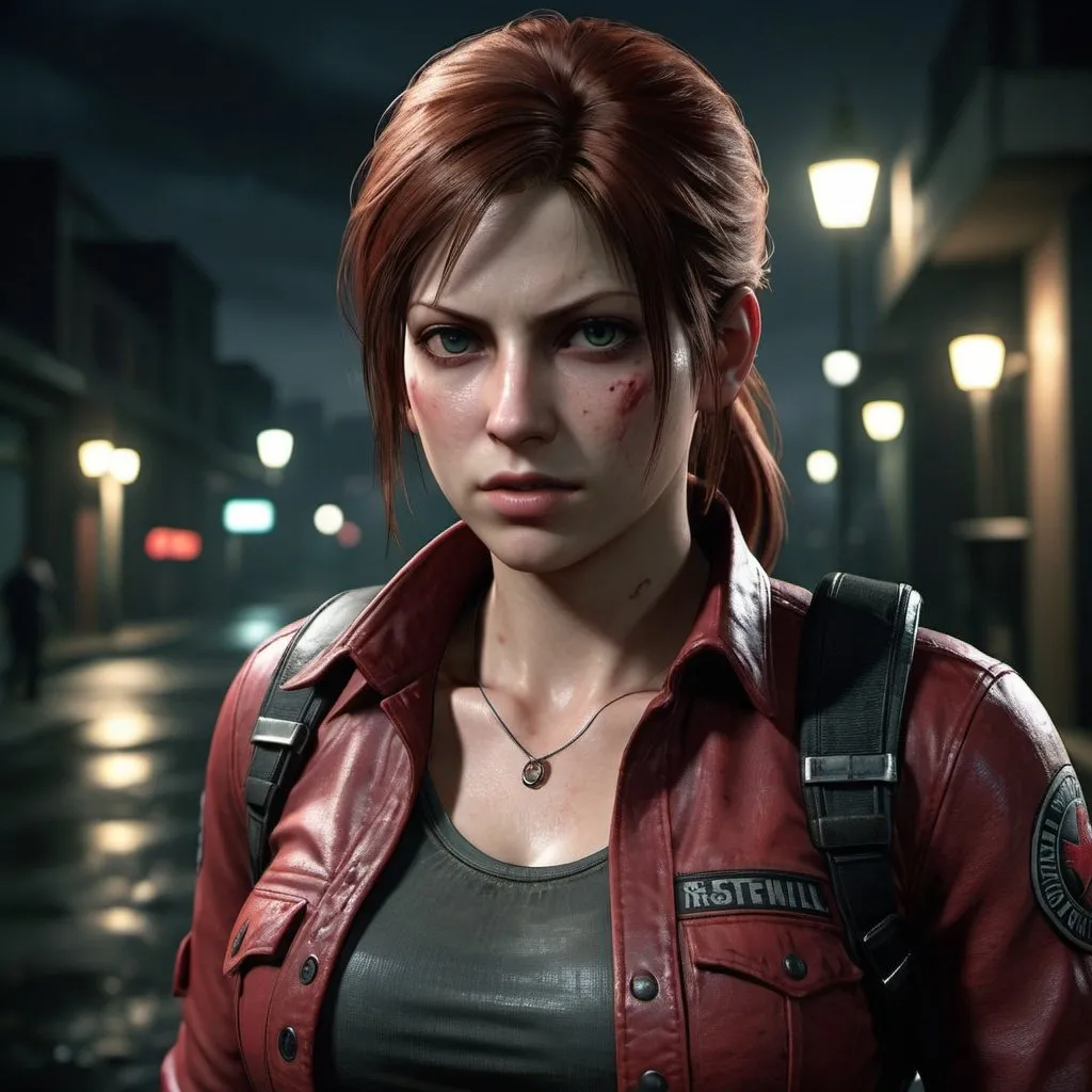 Prompt: Claire Redfield from Resident Evil walking at night, detailed character model, intense and focused gaze, urban setting, dark and mysterious atmosphere, high-quality 3D rendering, horror style, cool tones, atmospheric lighting, detailed facial features, professional, city lights casting a cool glow, detailed textures, HD quality, night scene, intense ambiance