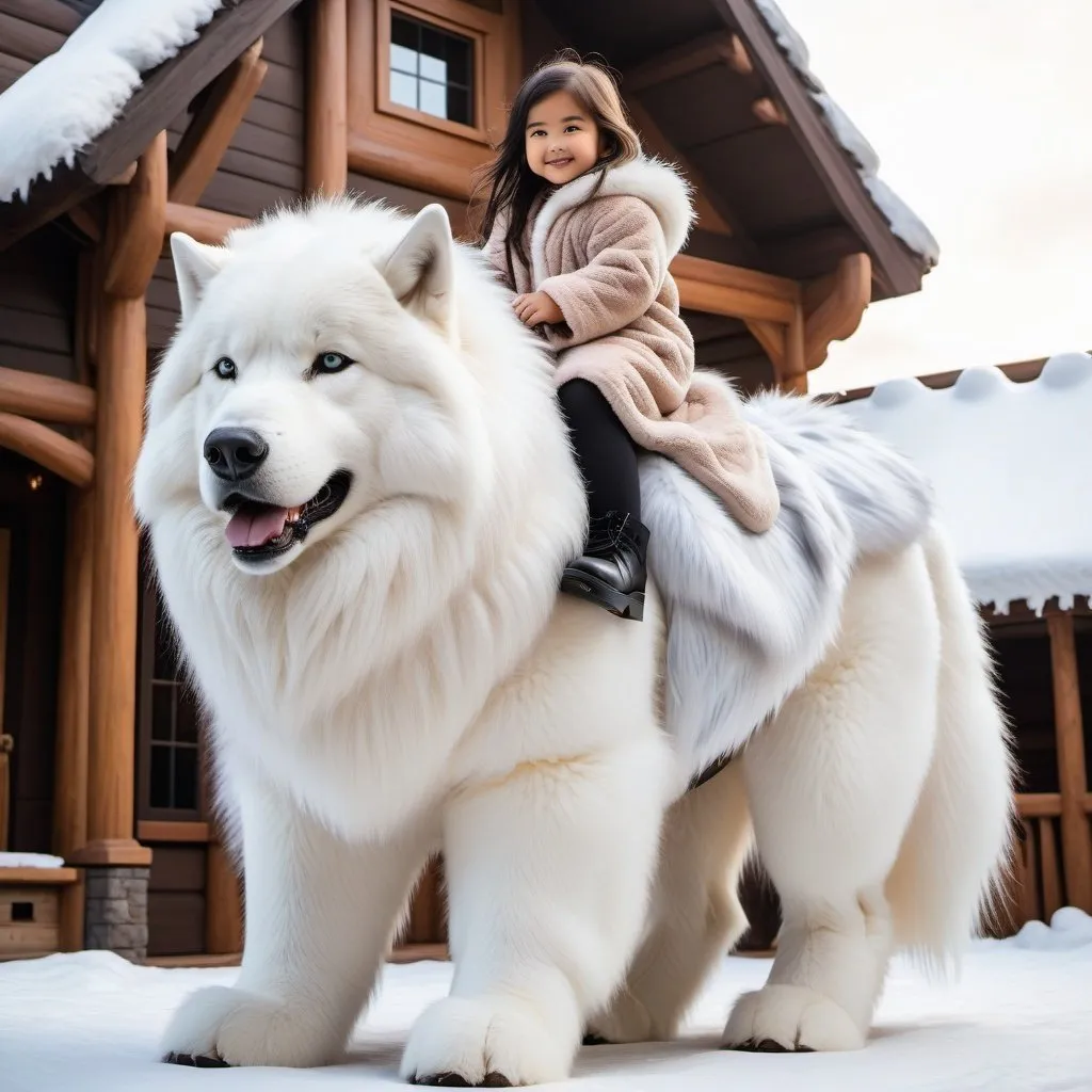 Prompt: little girl mounted atop her giant direwolf, riding, fluffy fur, plush fur, thick fur, soft fur, long fur, warm fur, giant plush steed, wide back, giant head, giant legs, giant body, giant paws, full body shot, side view, very long hair, home, yard, warm fur robe,