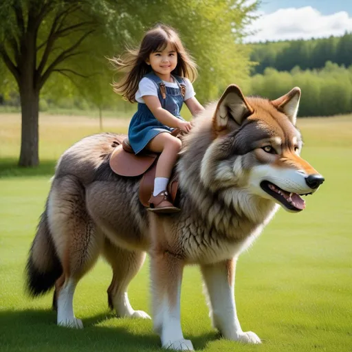 Prompt: a little girl mounted atop her giant wolf, riding, fluffy fur, plush fur, thick fur, soft fur, long fur, warm fur, giant steed, wide back, giant head, giant legs, giant body, giant paws, full body shot, side view, very long brown hair, grass, field, lawn, 