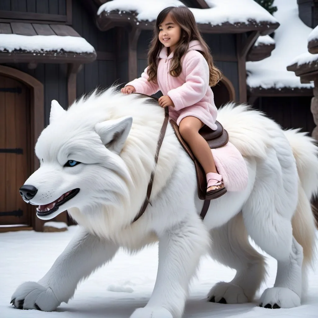 Prompt: a little girl mounted atop her giant direwolf, riding, fluffy fur, plush fur, thick fur, soft fur, long fur, warm fur, giant steed, wide back, giant head, giant legs, giant body, giant paws, full body shot, side view, very long hair, home, yard, long fur pajamas,