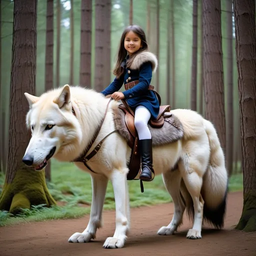 Prompt: young girl mounted atop her giant saddle wolf, riding play, fluffy fur, thick fur, soft fur, long fur, warm fur, giant riding steed, wide back, giant head, giant legs, giant body, giant paws, full body shot, side view, very long hair, soft saddle, soft harness, soft bridle, muzzle bit, forest, long fur dress,