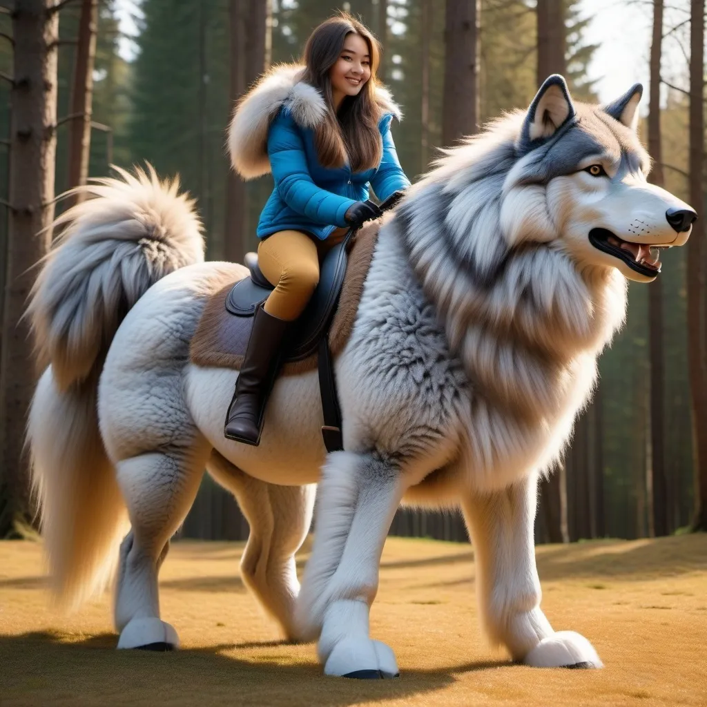 Prompt: a long haired 20 year old girl mounted atop her giant plush wolf pony, riding, fluffy fur, thick fur, soft fur, warm fur, mane, giant riding steed, wide back, giant head, giant legs, giant body, giant paws, full body shot, side view, size difference, dense fur, 4k fur, fur with depth,