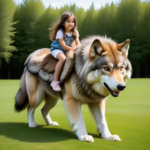 Prompt: a young girl mounted atop her giant wolf, riding, fluffy fur, plush fur, thick fur, soft fur, long fur, warm fur, giant steed, wide back, giant head, giant legs, giant body, giant paws, full body shot, side view, very long brown hair, grass, field, lawn, fur blanket,