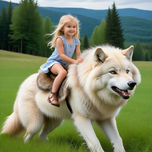 Prompt: a young girl mounted atop her giant fluffy wolf, riding, deep fur, fluffy fur, plush fur, thick fur, soft fur, long fur, warm fur, giant steed, wide back, giant head, giant legs, giant body, giant paws, full body shot, side view, very long blonde hair, grass, field, lawn, 