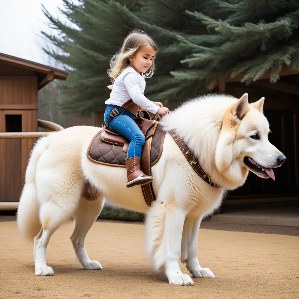 Prompt: small girl mounted atop her giant canine dog, riding play, fluffy fur, thick fur, plush fur, soft fur, warm fur, giant riding steed, wide back, giant head, giant legs, giant body, giant paws, full body shot, side view, very long hair, stable, harness, bridle, bit,