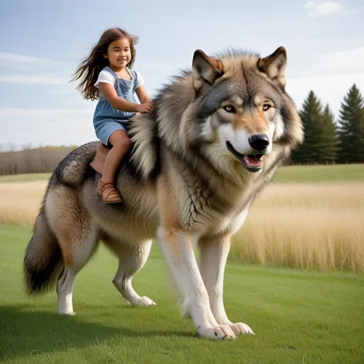 Prompt: a young girl mounted atop her 7 feet tall wolf, riding, trot, deep fur, fluffy fur, plush fur, thick fur, soft fur, long fur, warm fur, mane, giant riding steed, wide back, giant head, giant legs, giant body, giant paws, full body shot, side view, grass, field, lawn, holding mane,