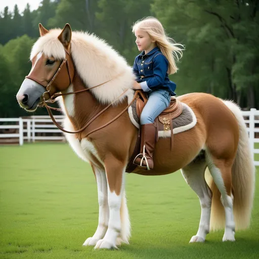 Prompt: a young girl mounted atop her giant wolf mare, riding, deep fur, fluffy fur, plush fur, thick fur, soft fur, long fur, warm fur, giant steed, wide back, giant head, giant legs, giant body, giant paws, full body shot, side view, very long blonde hair, grass, field, lawn, leatherbound harness, soft saddle, rodeo,