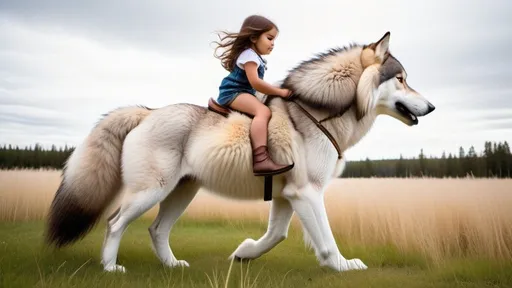 Prompt: small girl mounted atop her giant wolf, riding fast, white fur, fluffy fur, thick fur, plush fur, soft fur, warm fur, giant riding steed, wide back, giant head, giant legs, giant body, giant paws, full body shot, side view, very long brown hair, grass, field, pony play,
