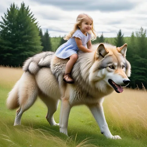 Prompt: a little girl mounted atop her giant wolf, riding, deep fur, fluffy fur, plush fur, thick fur, soft fur, long fur, warm fur, giant noble steed, wide back, giant head, giant legs, giant body, giant paws, full body shot, side view, very long blonde hair, grass, field, lawn, 