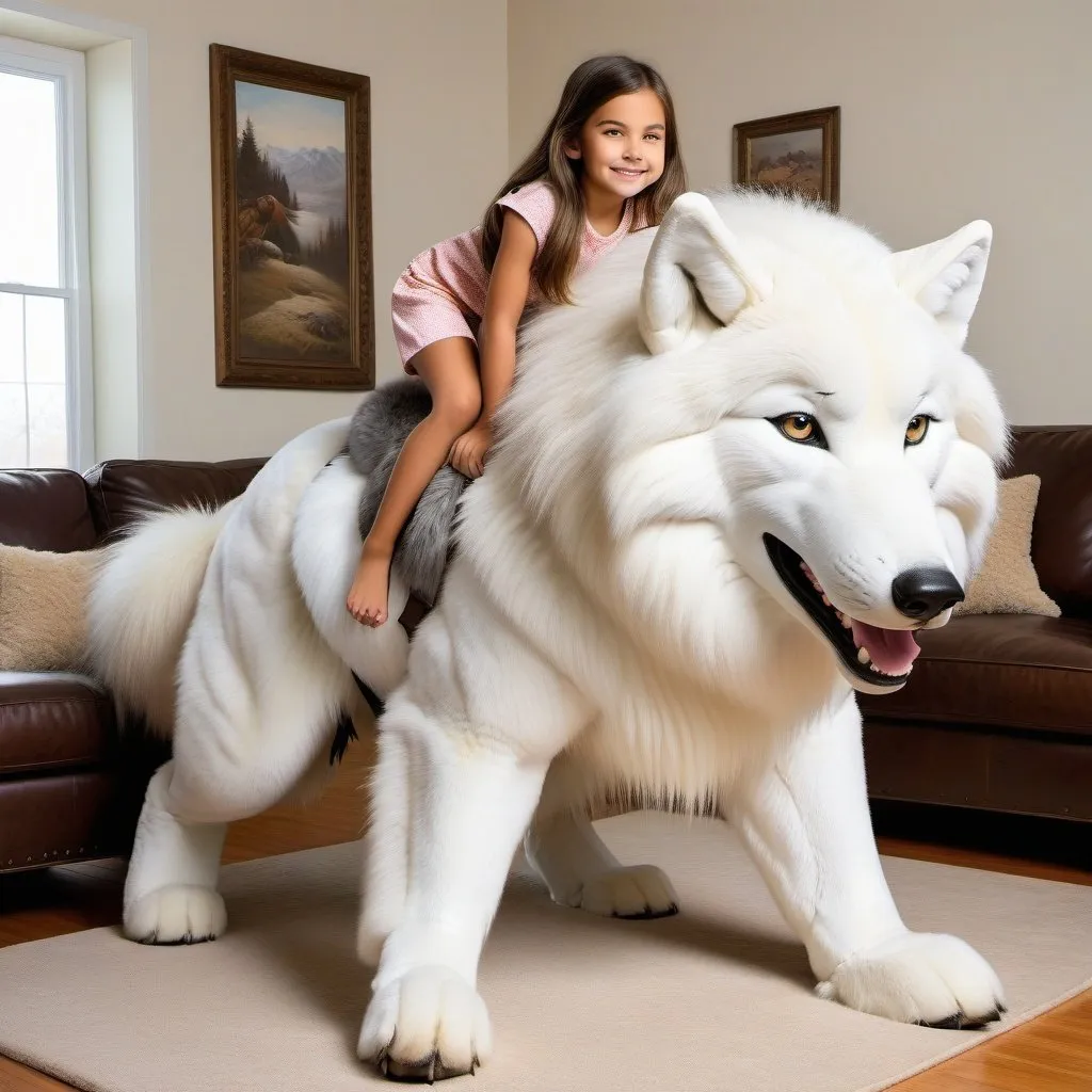 Prompt: young girl mounted atop her giant riding wolf, riding, fluffy fur, thick fur, soft fur, long fur, warm fur, giant riding steed, wide back, giant head, giant legs, giant body, giant paws, full body shot, side view, very long hair, living room, long fur pajamas,