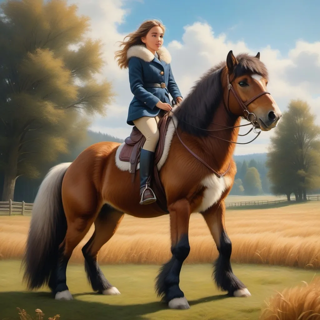 Prompt: a short girl mounted atop her 2 meter tall giant hound pony, riding, fluffy fur, thick fur, soft fur, warm fur, mane, giant riding steed, wide back, giant head, giant legs, giant body, giant paws, full body shot, side view, field, dense fur, 4k fur, fur with depth, oil painting,