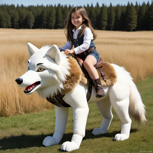 Prompt: young girl mounted atop her giant plush wolf, riding, fluffy fur, thick fur, soft fur, plush fur, warm fur, giant plush steed, wide back, giant head, giant legs, giant body, giant paws, full body shot, side view, very long hair, sunny, warm, grass, field, reins, bridle, bit, fur saddle, fur harness,