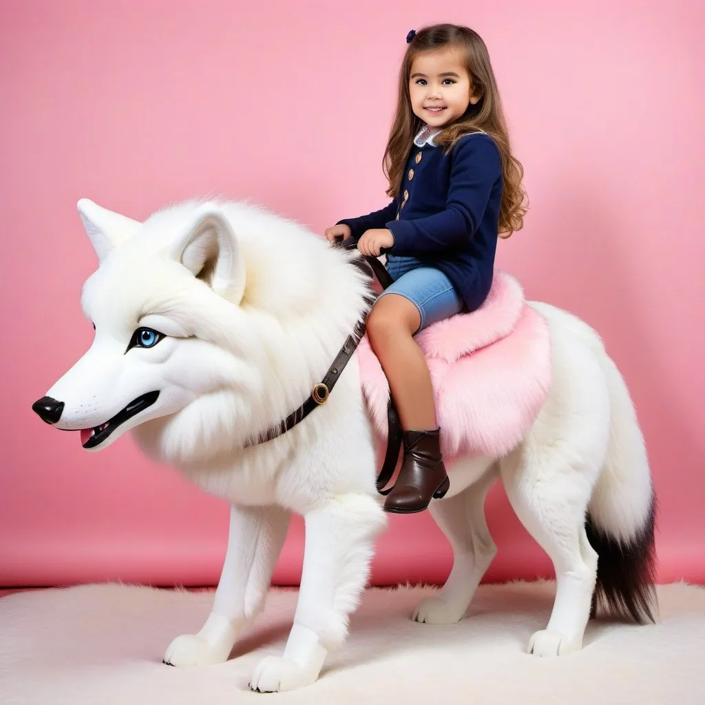 Prompt: small girl mounted atop her giant riding wolf, riding play, fluffy fur, thick fur, plush fur, soft fur, warm fur, giant riding steed, wide back, giant head, giant legs, giant body, giant paws, full body shot, side view, very long hair, pink harness,