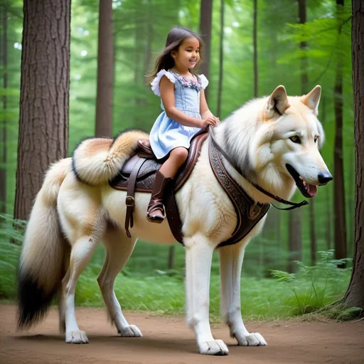 Prompt: young girl mounted atop her giant saddle wolf, riding play, fluffy fur, thick fur, soft fur, long fur, warm fur, giant riding steed, wide back, giant head, giant legs, giant body, giant paws, full body shot, side view, very long hair, soft saddle, soft harness, soft bridle, muzzle bit, forest, summer dress,