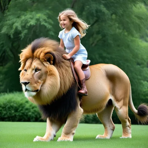 Prompt: a young girl mounted atop her 7 feet tall lion, riding fast, deep fur, fluffy fur, plush fur, thick fur, soft fur, long fur, warm fur, mane, giant riding steed, wide back, giant head, giant legs, giant body, giant paws, full body shot, side view, grass, field, lawn, holding mane,