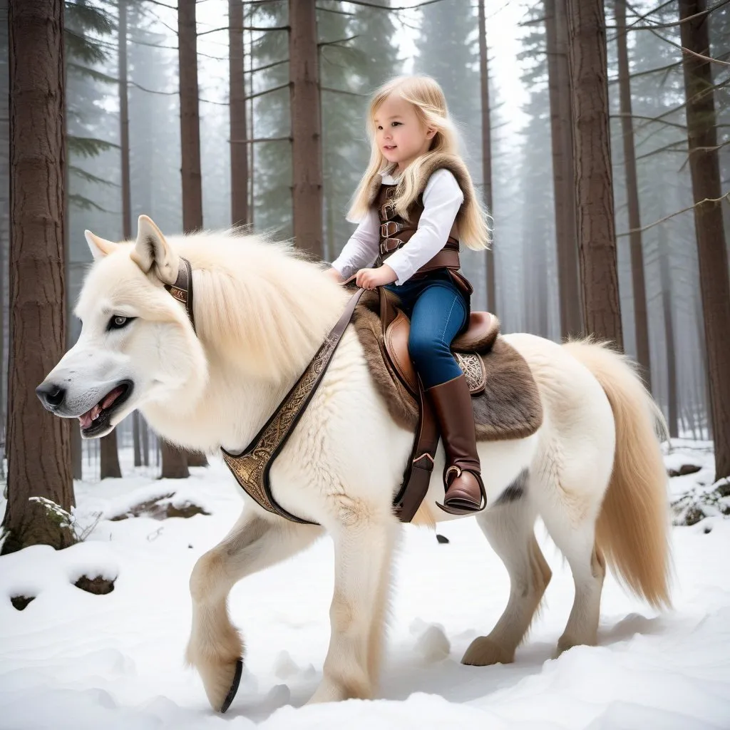 Prompt: small girl mounted atop her giant direwolf, riding play, fluffy fur, thick fur, soft fur, warm fur, giant riding steed, wide back, giant head, giant legs, giant body, giant paws, full body shot, side view, very long blonde hair, soft saddle, soft harness, soft bridle, forest,