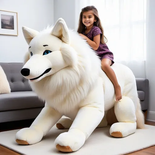 Prompt: young girl mounted atop her giant plush wolf, riding play, fluffy fur, thick fur, soft fur, long fur, warm fur, giant plush steed, wide back, giant head, giant legs, giant body, giant paws, full body shot, side view, very long hair, living room, fur pajamas,