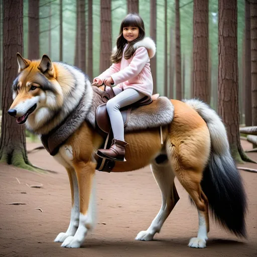 Prompt: young girl mounted atop her giant saddle wolf, riding play, fluffy fur, thick fur, soft fur, long fur, warm fur, giant riding steed, wide back, giant head, giant legs, giant body, giant paws, full body shot, side view, very long hair, soft saddle, soft harness, soft bridle, muzzle bit, forest, fur pajamas,