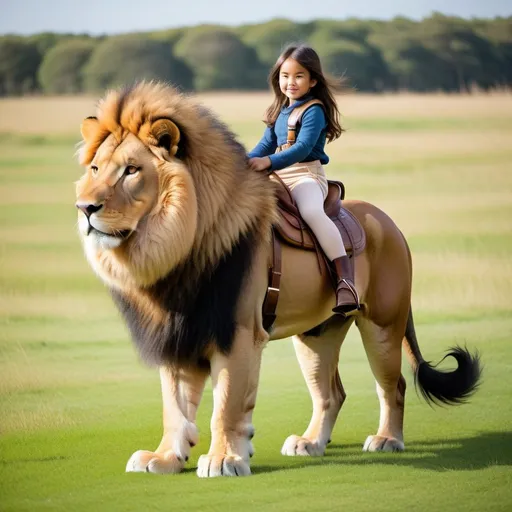 Prompt: a young girl mounted atop her giant lion, riding, fluffy fur, thick fur, plush fur, soft fur, warm fur, giant riding steed, wide back, giant head, giant legs, giant body, giant paws, full body shot, side view, very long hair, grass, field, soft harness, bit, bridle, reins, soft saddle, 