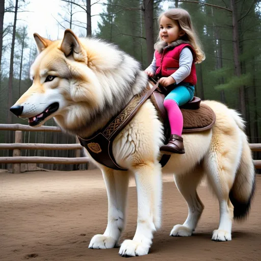 Prompt: small girl mounted atop her giant canine wolf, riding play, fluffy fur, thick fur, plush fur, soft fur, warm fur, giant plush steed, wide back, giant head, giant legs, giant body, giant paws, full body shot, side view, very long hair, stable, harness, soft saddle, bridle, bit,