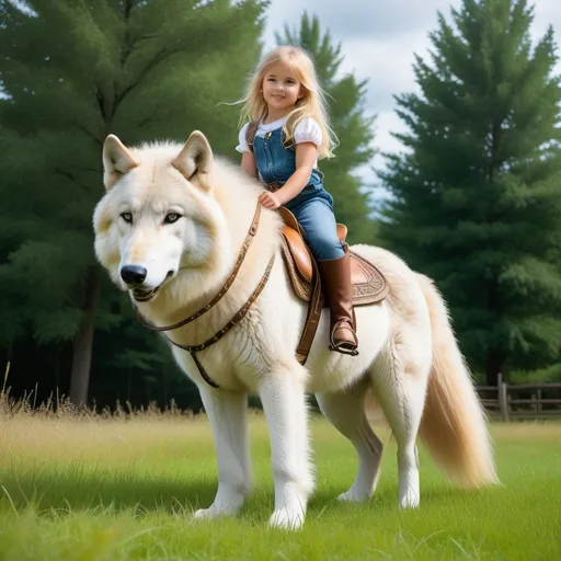 Prompt: a young girl mounted atop her giant wolf mare, riding, deep fur, fluffy fur, plush fur, thick fur, soft fur, long fur, warm fur, giant noble steed, wide back, giant head, giant legs, giant body, giant paws, full body shot, side view, very long blonde hair, grass, field, lawn, soft fur harness, soft fur saddle, 