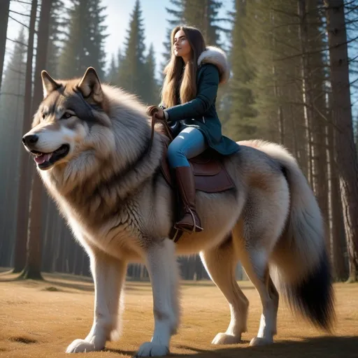 Prompt: a long haired 21 year old girl mounted atop her gigantic wolf pony, riding, fluffy fur, thick fur, soft fur, warm fur, mane, giant riding steed, wide back, giant head, giant legs, giant body, giant paws, full body shot, side view, size difference, dense fur, 4k fur, fur with depth,