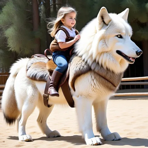 Prompt: small girl mounted atop her giant riding wolf, riding play, fluffy fur, thick fur, plush fur, soft fur, warm fur, giant steed, wide back, giant head, giant legs, giant body, giant paws, full body shot, side view, very long hair, stable, soft harness, bit,