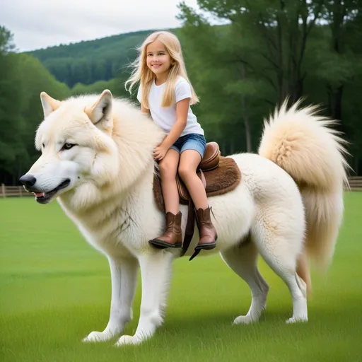 Prompt: a young girl mounted atop her giant wolf mare, riding, deep fur, fluffy fur, plush fur, thick fur, soft fur, long fur, warm fur, giant steed, wide back, giant head, giant legs, giant body, giant paws, full body shot, side view, very long blonde hair, grass, field, lawn,