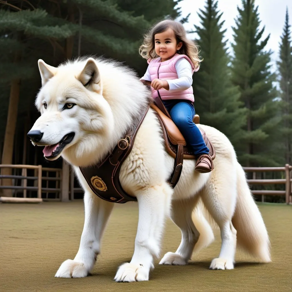 Prompt: small girl mounted atop her giant canine wolf, riding play, fluffy fur, thick fur, plush fur, soft fur, warm fur, giant riding steed, wide back, giant head, giant legs, giant body, giant paws, full body shot, side view, very long hair, stable, harness, soft saddle, bridle, bit,