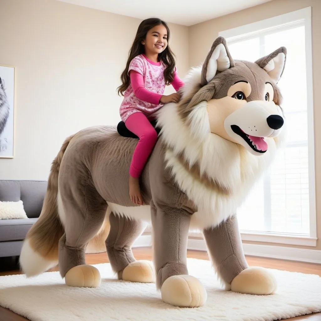 Prompt: young girl mounted atop her giant plush wolf, riding play, fluffy fur, thick fur, soft fur, long fur, warm fur, giant plush steed, wide back, giant head, giant legs, giant body, giant paws, full body shot, side view, very long hair, living room, fur pajamas, muzzle bit,