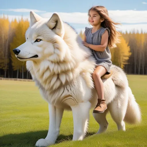 Prompt: young girl mounted atop her giant fluffy wolf, riding, fluffy fur, thick fur, soft fur, plush fur, warm fur, giant plush steed, wide back, giant head, giant legs, giant body, giant paws, full body shot, side view, very long hair, sunny, warm, grass, field, bit,