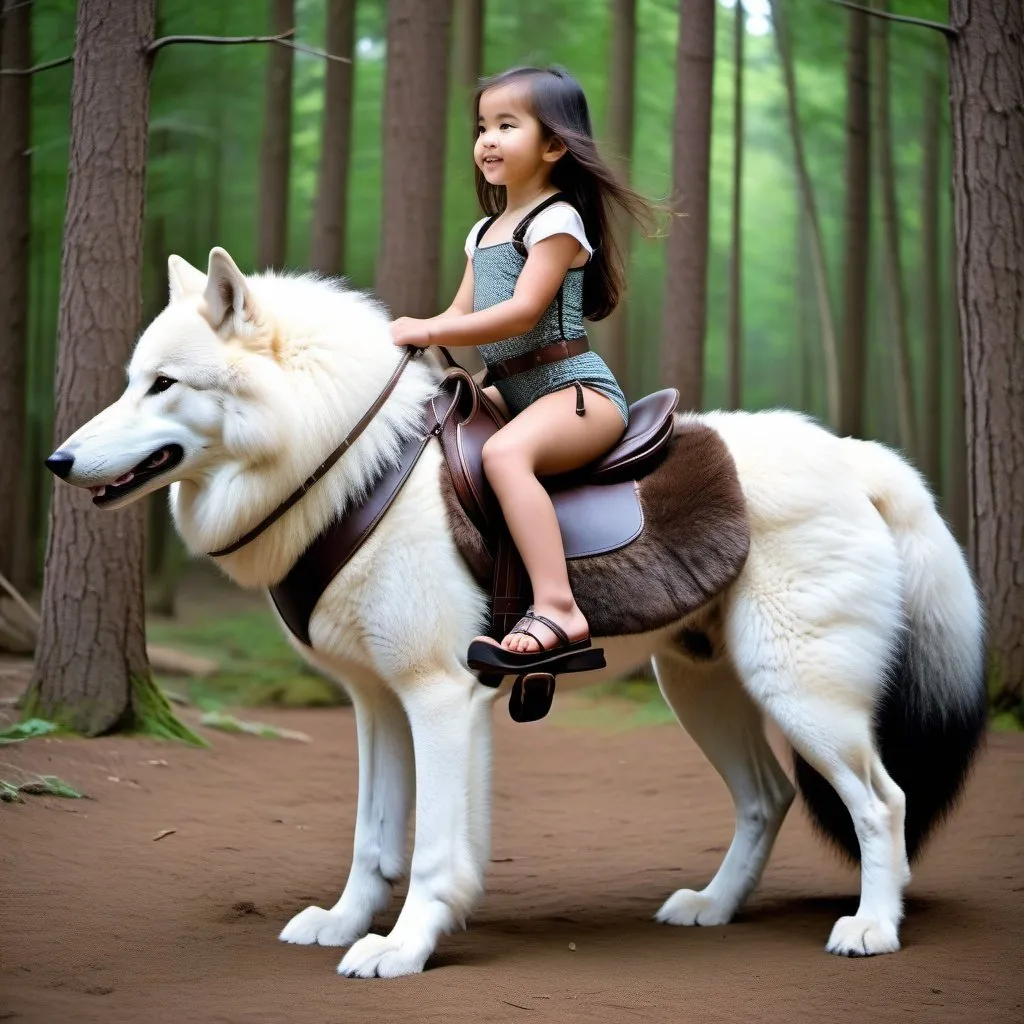 Prompt: young girl mounted atop her giant saddle wolf, riding play, fluffy fur, thick fur, soft fur, long fur, warm fur, giant riding steed, wide back, giant head, giant legs, giant body, giant paws, full body shot, side view, very long hair, soft saddle, soft harness, soft bridle, muzzle bit, forest, fur swimsuit,