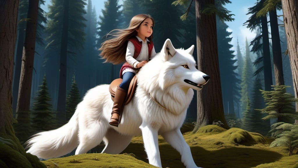 Prompt: small girl mounted atop her giant wolf, riding fast, white fur, fluffy fur, thick fur, plush fur, soft fur, warm fur, giant riding steed, wide back, giant head, giant legs, giant body, giant paws, full body shot, profile, very long brown hair, forest, bit,