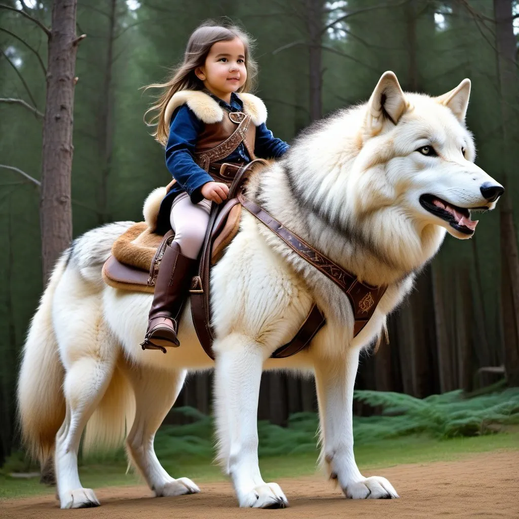 Prompt: small girl mounted atop her giant riding wolf, riding play, fluffy fur, thick fur, plush fur, soft fur, warm fur, giant steed, wide back, giant head, giant legs, giant body, giant paws, full body shot, side view, very long hair, stable, harness, primitive saddle, bridle, bit,