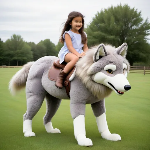 Prompt: a young girl mounted atop her 7 feet tall plush wolf, riding, fluffy fur, plush fur, thick fur, soft fur, warm fur, long mane, giant riding steed, wide back, giant head, giant legs, giant body, giant paws, full body shot, side view, grass, field, lawn, holding mane,