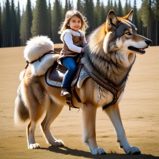 Prompt: small girl mounted atop her giant canine wolf, riding play, fluffy fur, thick fur, plush fur, soft fur, warm fur, giant riding steed, wide back, giant head, giant legs, giant body, giant paws, full body shot, side view, very long hair, stable, fur harness, bridle, bit,