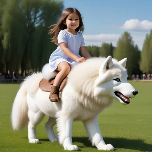 Prompt: small girl mounted atop her giant wolf, riding, white fur, fluffy fur, thick fur, plush fur, soft fur, warm fur, giant riding steed, wide back, giant head, giant legs, giant body, giant paws, full body shot, side view, very long brown hair, grass, field, pony play,