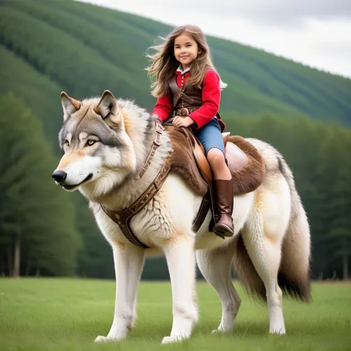 Prompt: a young girl mounted atop her giant wolf, riding, fluffy fur, thick fur, plush fur, soft fur, warm fur, giant riding steed, wide back, giant head, giant legs, giant body, giant paws, full body shot, side view, very long hair, grass, field, harness, bit, bridle, reins, fur saddle, 