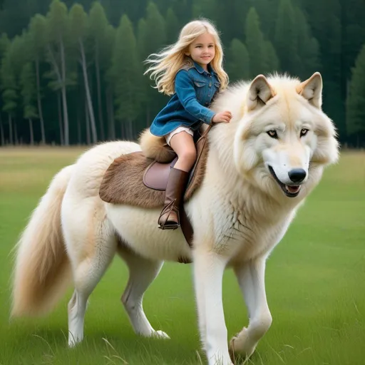 Prompt: a young girl mounted atop her giant wolf mare, riding, deep fur, fluffy fur, plush fur, thick fur, soft fur, long fur, warm fur, giant steed, wide back, giant head, giant legs, giant body, giant paws, full body shot, side view, very long blonde hair, grass, field, lawn,