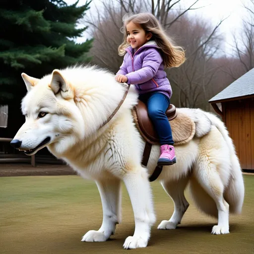 Prompt: small girl mounted atop her giant canine wolf, riding play, fluffy fur, thick fur, plush fur, soft fur, warm fur, giant riding steed, wide back, giant head, giant legs, giant body, giant paws, full body shot, side view, very long hair, stable, yard, bit,