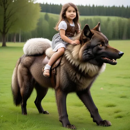 Prompt: small girl mounted atop her giant wolf, riding, fluffy fur, thick fur, plush fur, soft fur, warm fur, giant riding steed, wide back, giant head, giant legs, giant body, giant paws, full body shot, side view, very long brown hair, grass, field, bit,