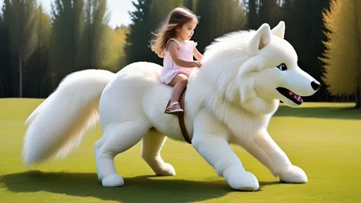 Prompt: small girl mounted atop her giant plush wolf, riding fast, white fur, fluffy fur, thick fur, plush fur, soft fur, warm fur, giant plush steed, wide back, giant head, giant legs, giant body, giant paws, full body shot, side view, very long brown hair, grass, field, pony play,