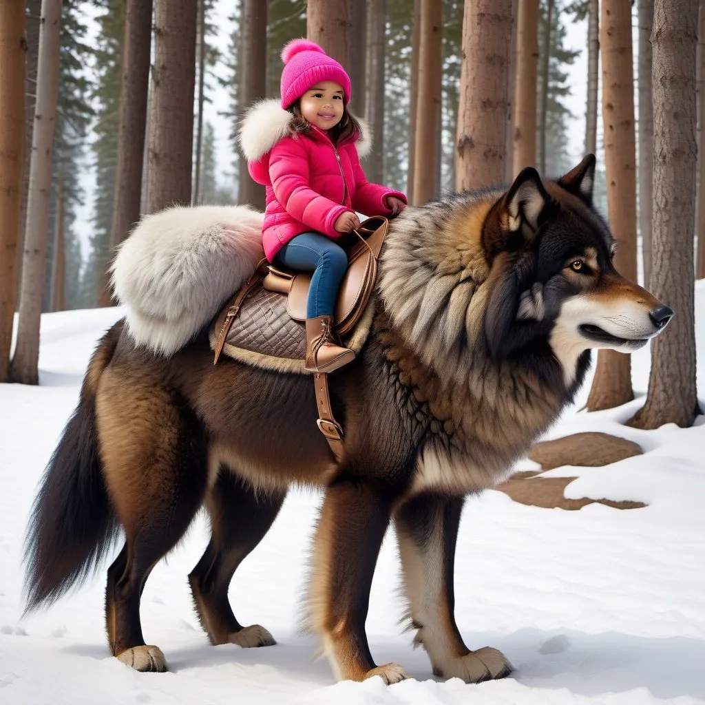 Prompt: small girl mounted atop her giant riding wolf, riding play, fluffy fur, thick fur, plush fur, soft fur, warm fur, giant steed, wide back, giant head, giant legs, giant body, giant paws, full body shot, side view, very long hair, stable, fur harness, bit,