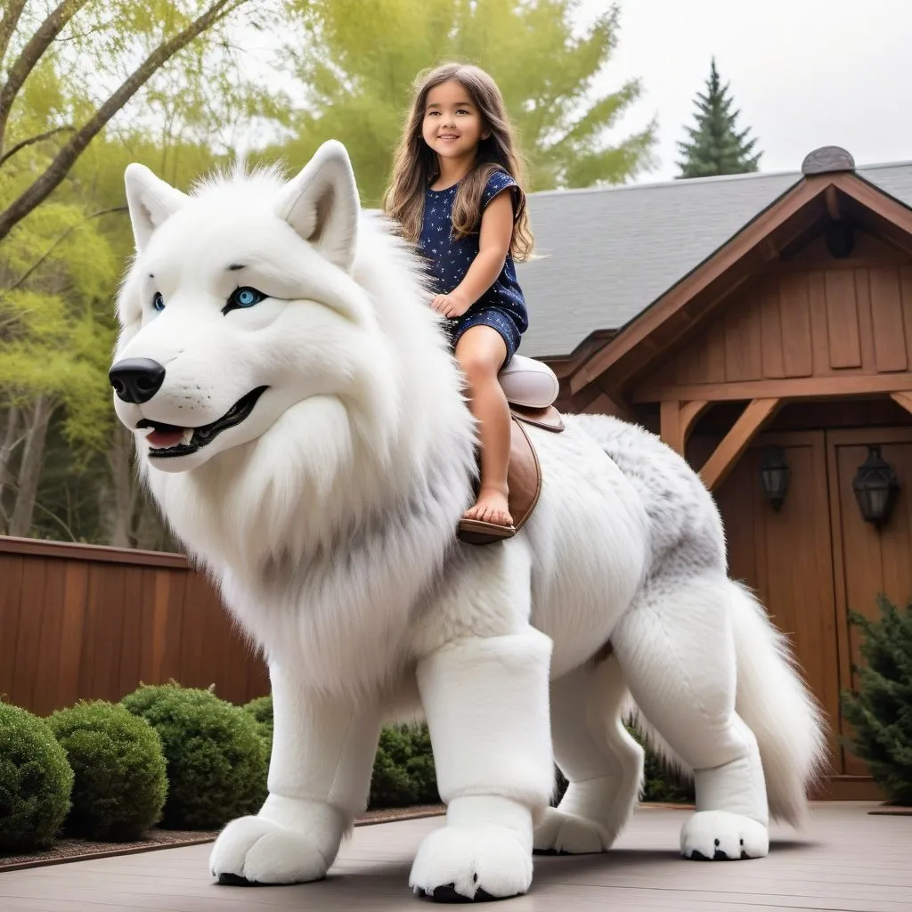 Prompt: little girl mounted atop her giant direwolf, riding, fluffy fur, plush fur, thick fur, soft fur, long fur, warm fur, giant plush steed, wide back, giant head, giant legs, giant body, giant paws, full body shot, side view, very long hair, home, yard, long fur pajamas,