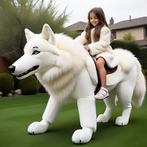 Prompt: young girl mounted atop her giant plush wolf, riding play, fluffy fur, plush fur, thick fur, soft fur, long fur, warm fur, giant plush steed, wide back, giant head, giant legs, giant body, giant paws, full body shot, side view, very long hair, home, yard, warm fur robe, muzzle bit, soft bridle,