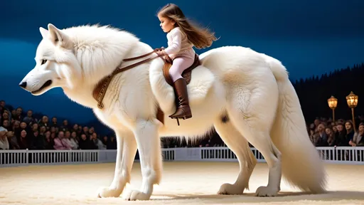 Prompt: small girl mounted atop her giant wolf, riding, dressage, white fur, fluffy fur, thick fur, plush fur, soft fur, warm fur, giant riding steed, wide back, giant head, giant legs, giant body, giant paws, full body shot, side view, very long brown hair,