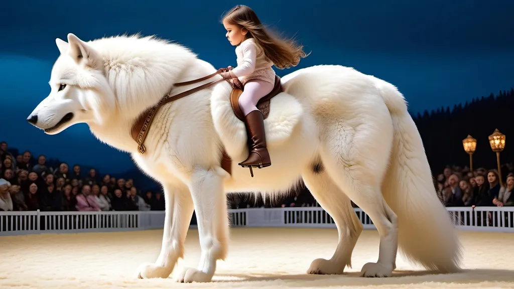 Prompt: small girl mounted atop her giant wolf, riding, dressage, white fur, fluffy fur, thick fur, plush fur, soft fur, warm fur, giant riding steed, wide back, giant head, giant legs, giant body, giant paws, full body shot, side view, very long brown hair,