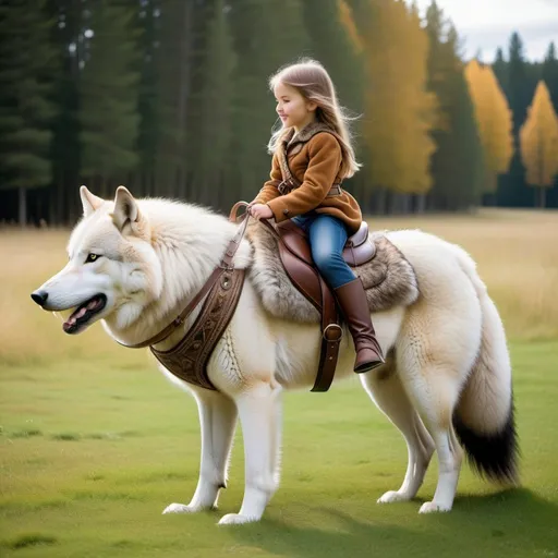 Prompt: a young girl mounted atop her giant wolf, riding, fluffy fur, thick fur, plush fur, soft fur, warm fur, giant riding steed, wide back, giant head, giant legs, giant body, giant paws, full body shot, side view, very long hair, grass, field, soft harness, bit, bridle, reins, soft saddle, 