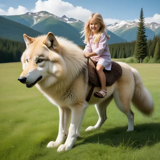 Prompt: a young girl mounted atop her giant wolf mare, riding, deep fur, fluffy fur, plush fur, thick fur, soft fur, long fur, warm fur, giant noble steed, wide back, giant head, giant legs, giant body, giant paws, full body shot, side view, very long blonde hair, grass, field, lawn, plush pajamas,