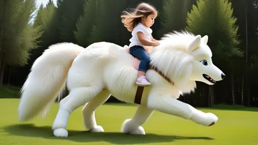 Prompt: small girl mounted atop her giant plush wolf, riding fast, white fur, fluffy fur, thick fur, plush fur, soft fur, warm fur, giant plush steed, wide back, giant head, giant legs, giant body, giant paws, full body shot, side view, very long brown hair, grass, field, pony play,